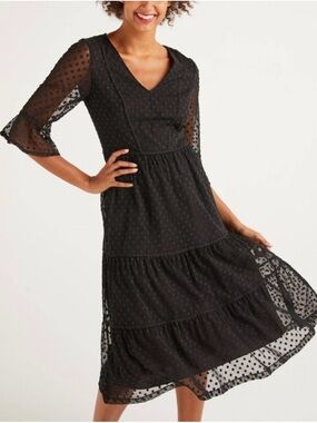 Boden Rosanna Embroidered Lace Black Swiss Dot V-Neck Tiered Midi Dress